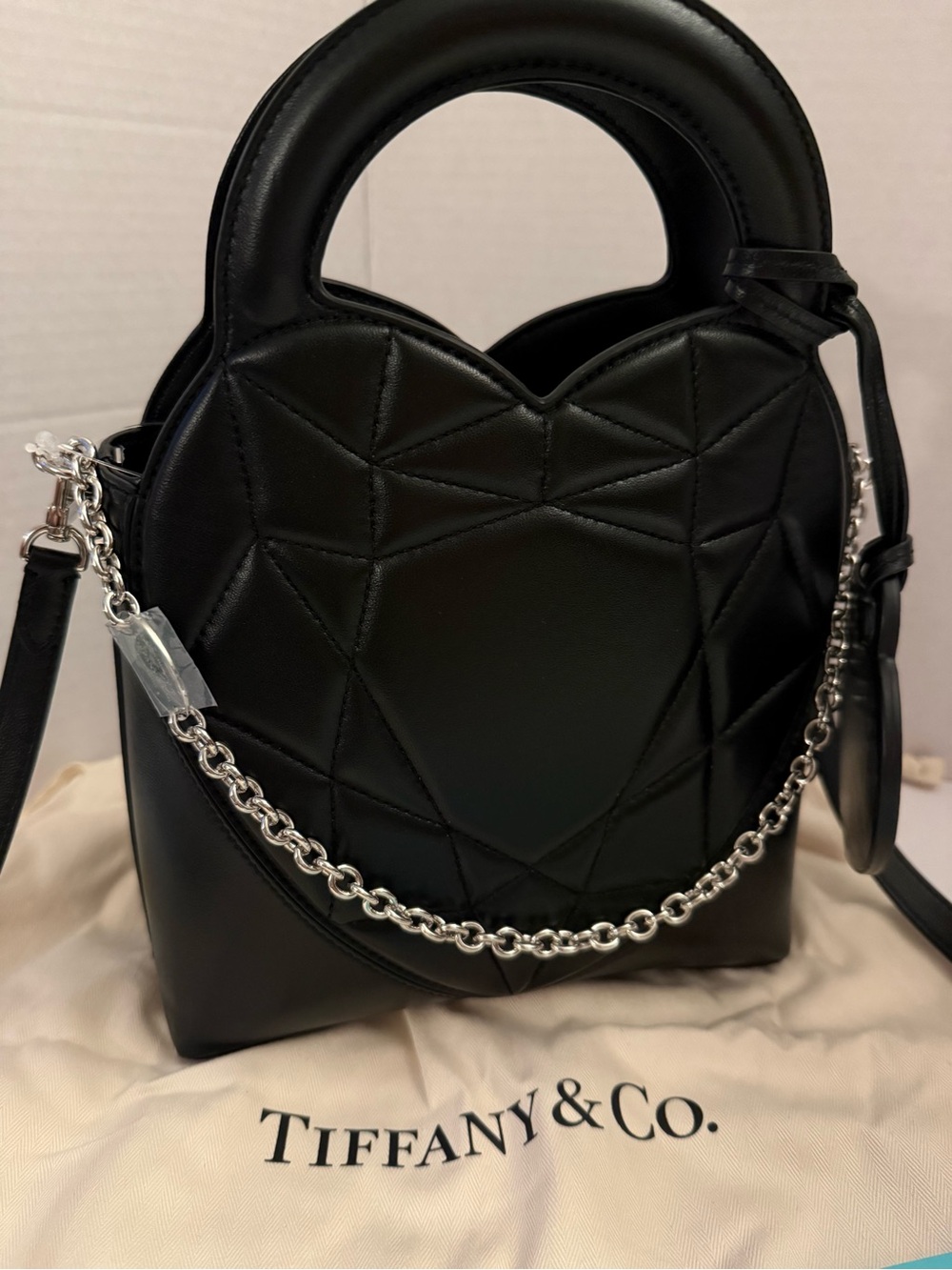 Tiffany & Co. Black Quilted Leather Heart Tote with Chain Strap Purse - Picture 4 of 10